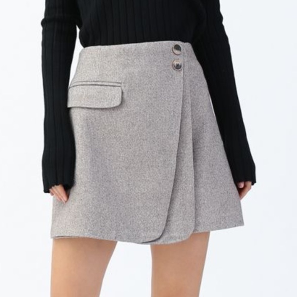 Grey Double Flap Wool-Blend Lined Mini Skirt